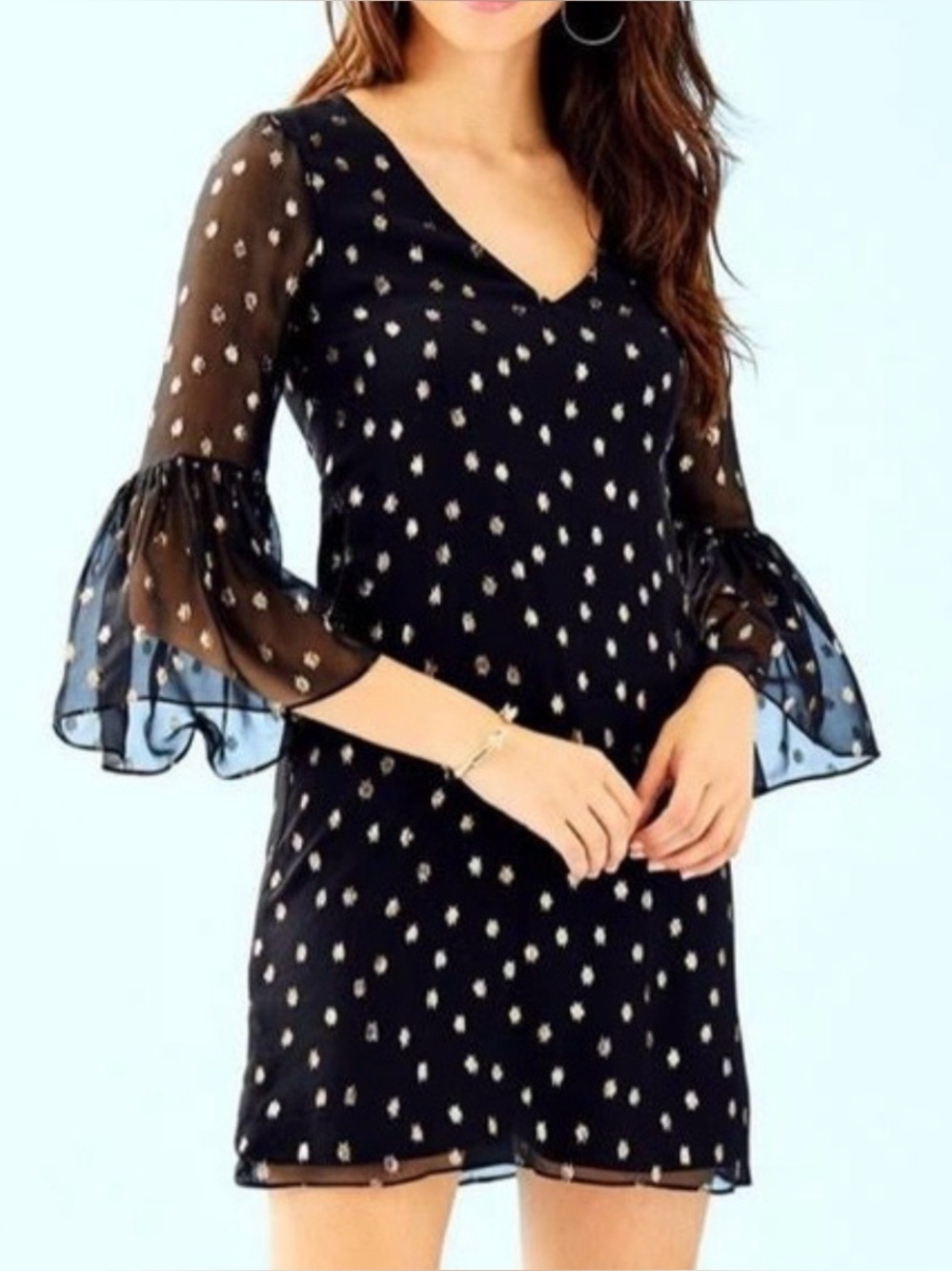 Lilly Pulitzer Sheer Bell Sleeve Black Gold Metallic Silk Dress Flare Size 2